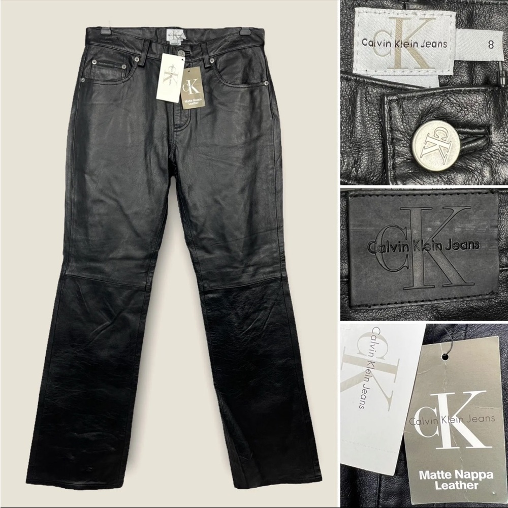 NWT Calvin Klein Jeans Black Matte Nappa Leather Bootcut Pants Women’s Sz 8 Y2K